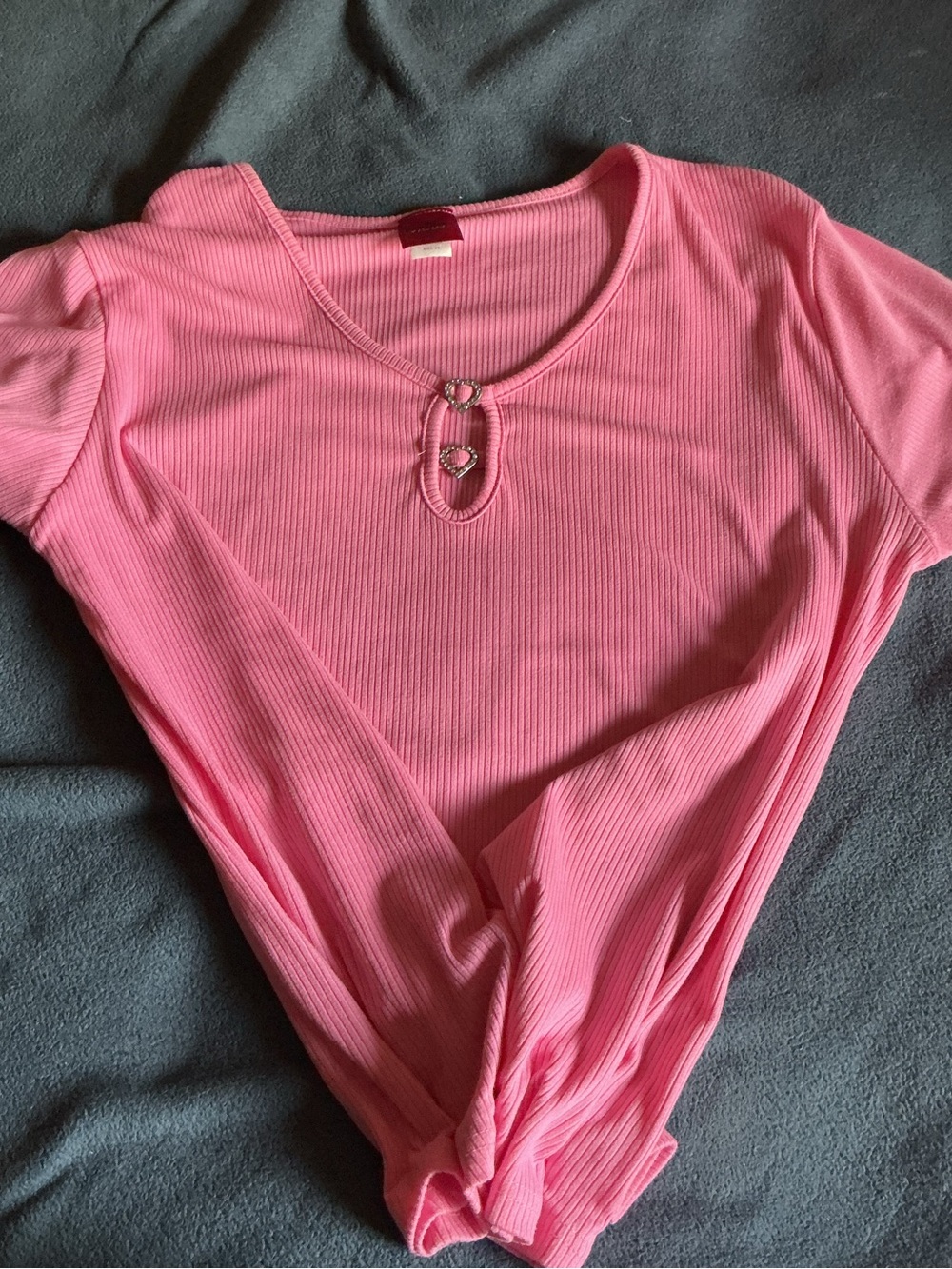 Pink Ribbed Short-Sleeve Top with Heart Ring Detail